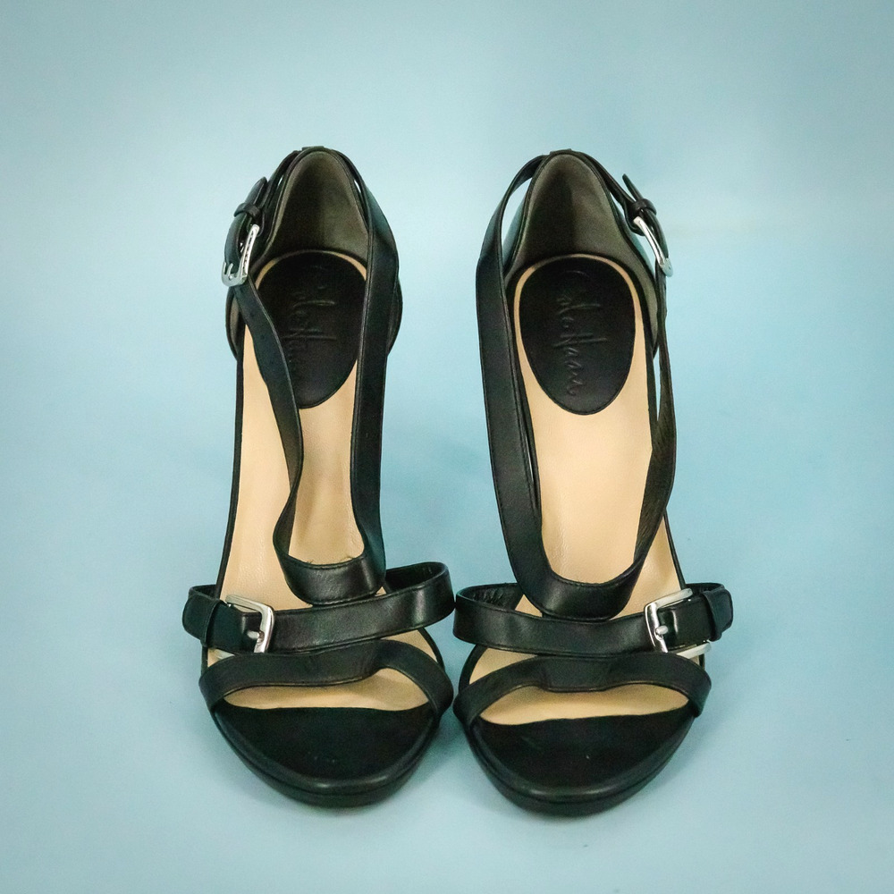 Cole Haan Size 8 Carma Black Leather Strappy Slip On High Heel Pumps Sandals - Picture 2 of 6